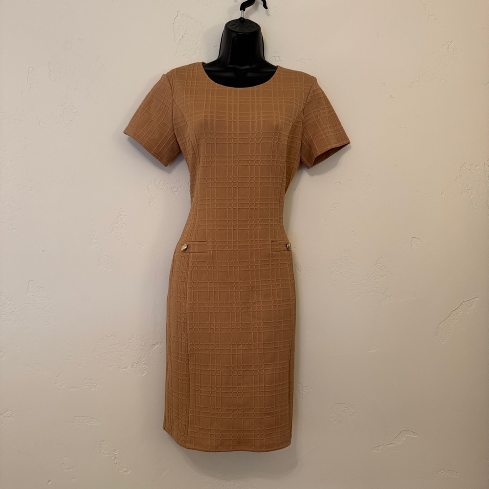 Enfocus Studio Tan Sheath Midi Dress Short Sleeve Crew Neck